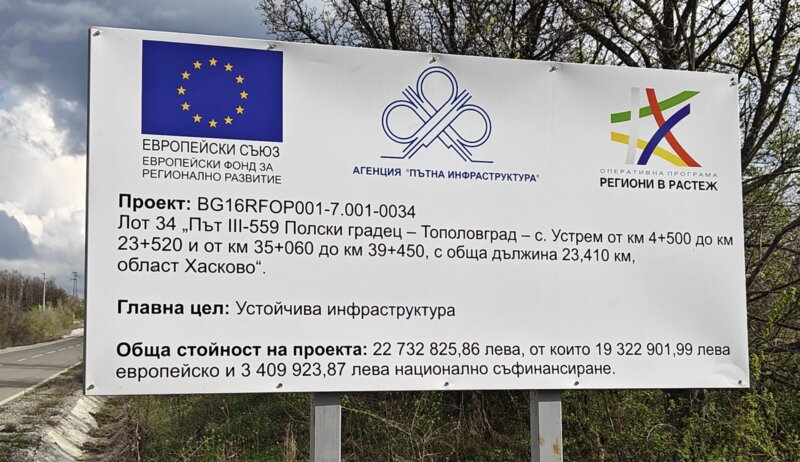 Табела на ЕС проект BG16RFOP001-7.001-0034 — Лот 34, Път III-559, стойност 22 732 825 лв.